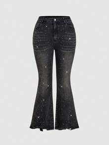 SHEIN MOD Quần jeans ống loe dáng casual có túi đính đá dành cho nữ cỡ lớn - màu đen - Xem 1