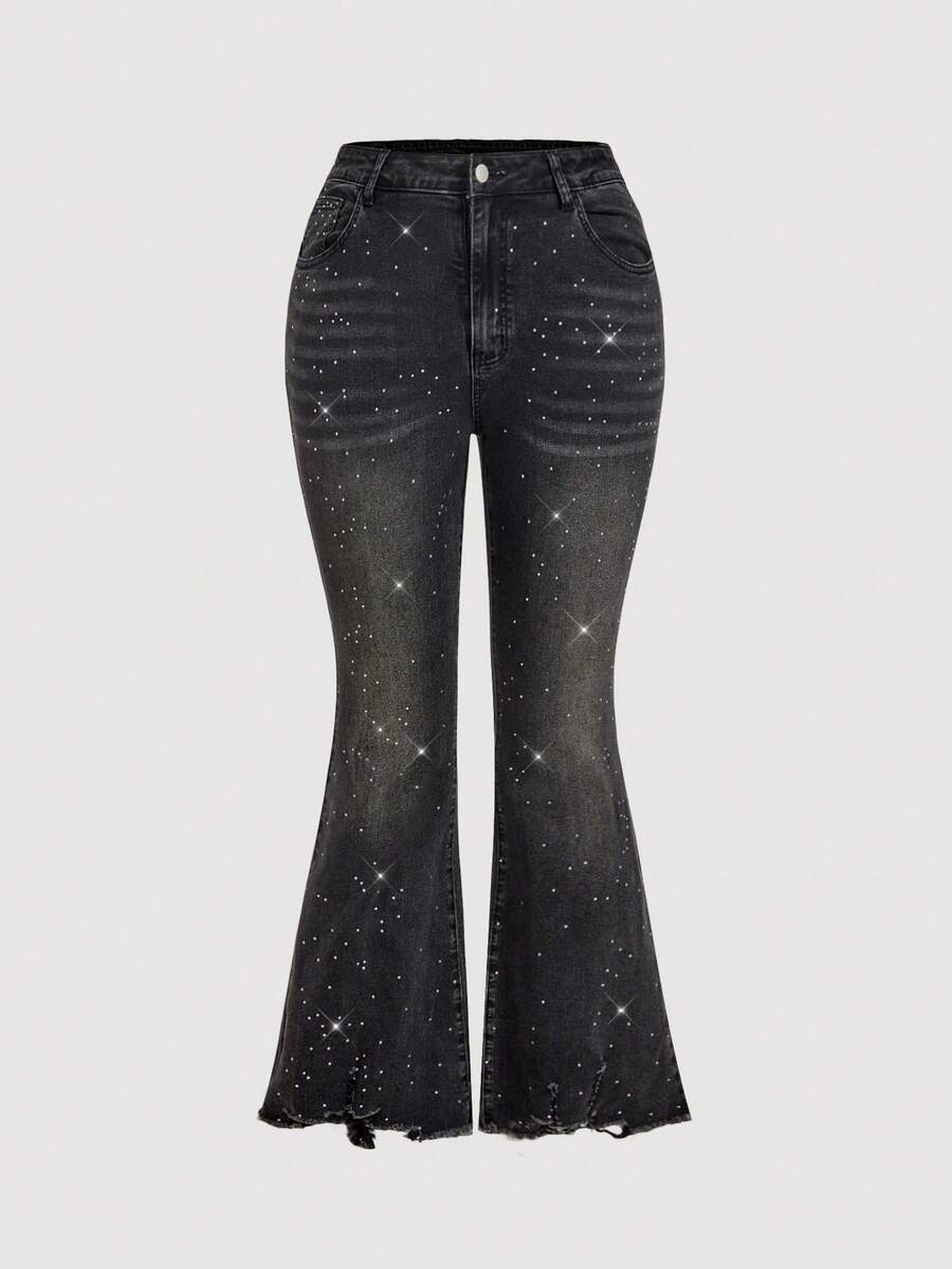 SHEIN MOD Quần jeans ống loe dáng casual có túi đính đá dành cho nữ cỡ lớn - màu đen - Xem 1