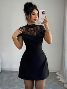 Siren Gaze 女士时尚性感撞色蕾丝收腰连衣裙，夏季 - 黑色 - 查看 6