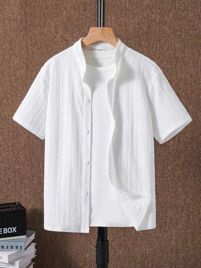 SHEIN Tween Boy Casual College/Textured Fabrics Stand Collar Shirt, Versatile For Commute, School, Daily Casual Wear, Suitable For Sports, Spring/Summer