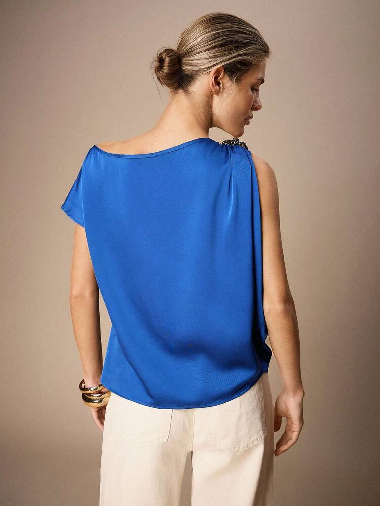 SHEIN Maija Women Dusty Blue Elegant Woven Fabric Asymmetrical Neck Ruched Batwing Short Sleeve Top