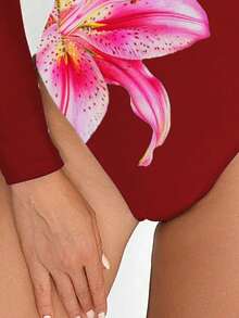 Swim SPRTY 1件女士花卉图案印花长袖高领休闲冲浪衫 - 紅色 - 查看 4