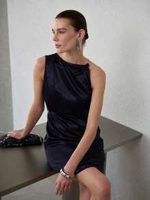 MOTF PREMIUM WOMEN'S ASYMMETRIC NECK METAL DECOR MINIMALIST ELEGANT SHORT DRESS, SPRING/SUMMER - Navy Blue - View 2