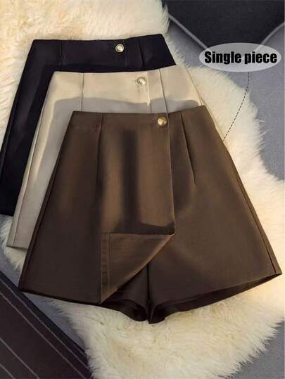 Franclia 1 pieza Falda-pantalón irregular para mujer, nuevo estilo primavera 2026, corte holgado, cintura alta, pierna ancha tipo línea A estilizadora, falda-pantalón casual marrón versátil, primavera/verano, fondo elegante, ropa casual para mujer, vuelta al cole, estilo versátil para ir y venir