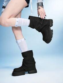 Sugerpunk 女士搭扣设计休闲粗跟中筒靴 - 黑色 - 查看 5