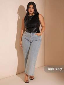 SHEIN BAE 女式夏季纯色 PU 皮革褶皱修身背心 - 黑色 - 查看 6