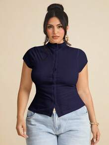 SHEIN BAE Áo thun tay ngắn dệt kim co giãn cổ đứng cài nút phía trước cỡ lớn dành cho nữ, mùa hè - Màu xanh hải quân - Xem 5