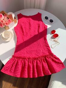 Comfortcana Crepe Texture Plaid Sleeveless Ruffle Hem Casual Elegant Cute Dress, Valentine's Day - Multicolor - View 4