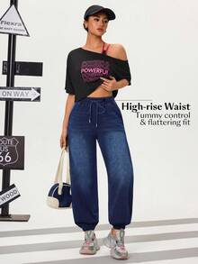 Flexra Women's Elastic Waist Loose Comfortable Drawstring Ankle-Length Jeans - Dark Wash - View 5