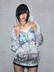 ROMWE Avant Fashionable Avant-Garde Figure Scene Text Slogan Patchwork Print Loose Casual Sweatshirt - Grey - View 6