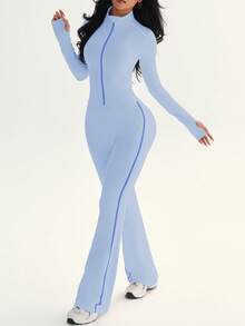 Dewbera 两件套女士运动套装，适合秋冬春季穿着，包括：修身撞色全拉链长袖外套（带拇指孔和撞色滚边），搭配撞色拼接高腰喇叭紧身裤。适合日常休闲穿着、跑步、瑜伽、健身、网球等运动。 - 藍色 - 查看 5