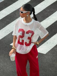 Muchica 女士宽松网眼镂空T恤和裤子套装，春夏款 - 紅白色 - 查看 6