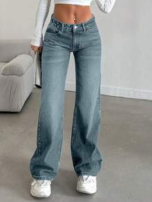 EURMUSE Women's Casual Washed Low-Waist Straight-Leg Jeans - Baby Blue - View 3