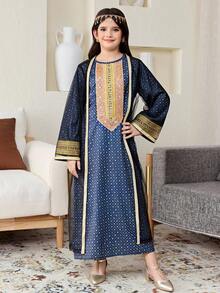 SHEIN 少女黑色金色优雅奢华长裙，配金色丝带和网纱开衫两件套 - 黑色 - 查看 2