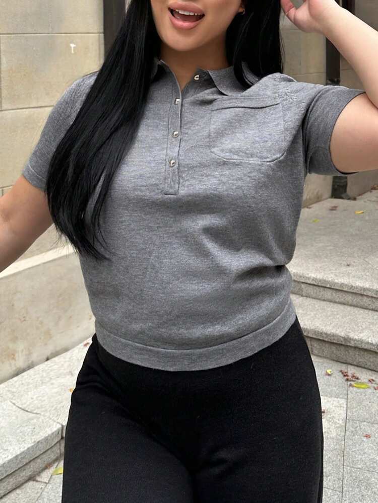 Dazy Plus Solid Color Half-Open Collar Casual Short Sleeve Knit Top, Suitable For Commuting