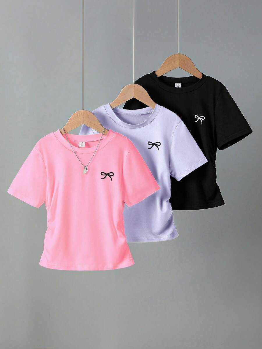 Sparklyn Bộ 3 áo thun ngắn tay in nơ cho bé gái, gồm màu xám, hồng và đen. - Màu tím hoa cà - Xem 1