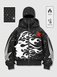 Street Life Stylish Dark Hooded Zip-Up Sweatshirt Jacket With Rhinestone Embellishment For Men