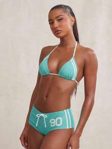 NYA SZN Swim Two Pieces String Bikini Short Cheeky Set Sporty Striped Beach Vacation Red Swimwear Carnival Outfits For Women - Green - View 4