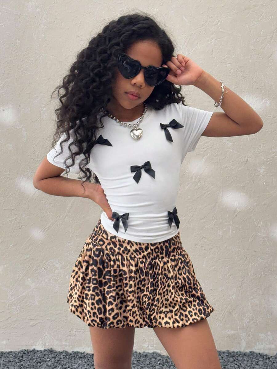 Coolane Kids 少女春夏两件套，白色上衣配黑色蝴蝶结+豹纹泡泡裙，适合返校季和返校节穿着。 - 黑色 - 查看 1