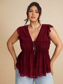 SHEIN BAE 1 buah Atasan Kasual Tanpa Lengan Linen Ukuran Besar untuk Wanita dengan Hiasan Kancing, Cocok untuk Brunch, Jalan-jalan, Kencan, Perjalanan, dan Berlayar - Burgundy - View 3