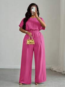 Slaydiva Women's Plus Size 2-Piece Set Blush Pink,Summer,Casual,Everyday,Formal Elegant Commute Loose Drop Shoulder Drawstring Cropped Top & Wide Leg Pants - Hot Pink - View 5
