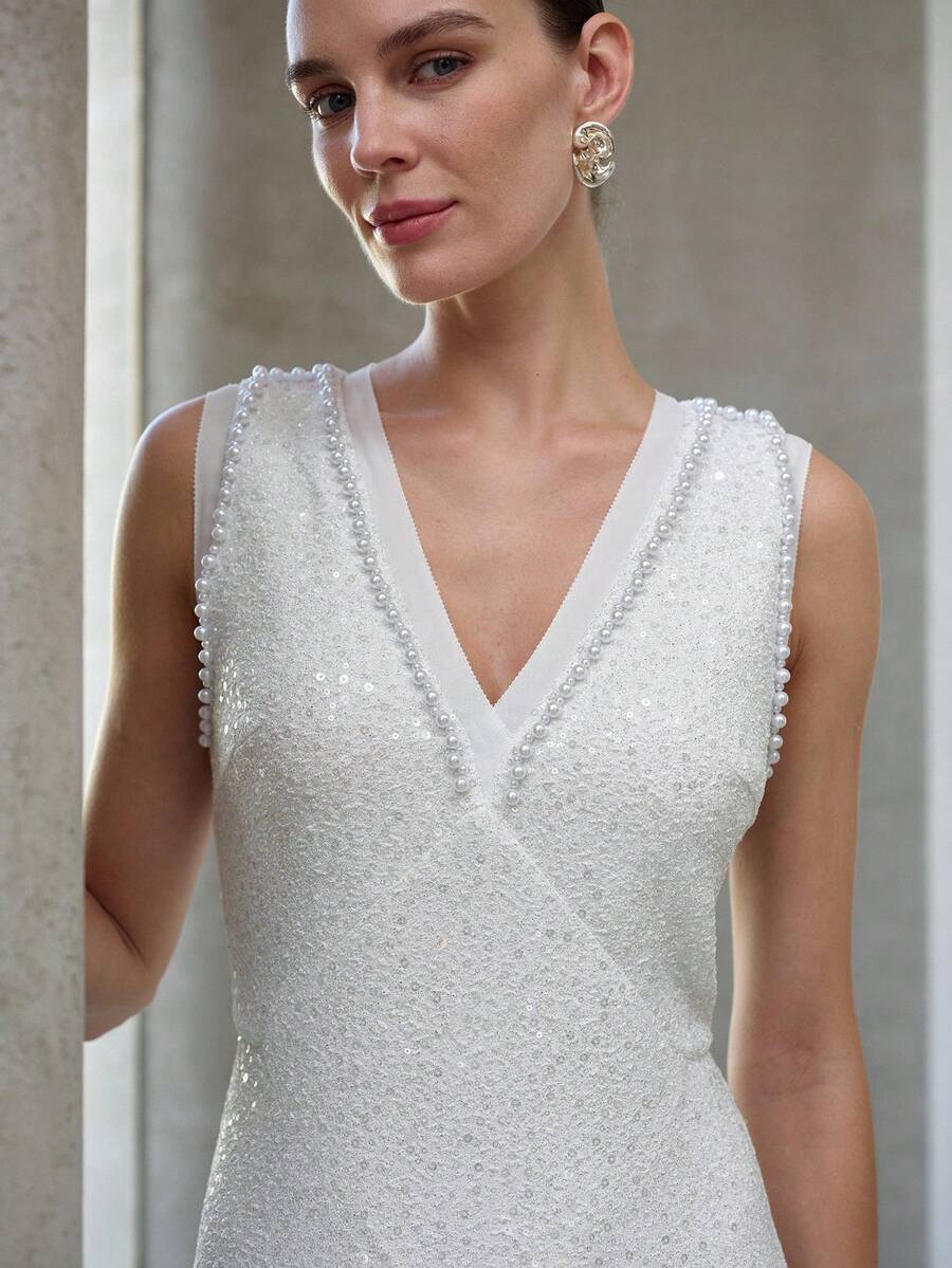 MOTF PREMIUM WOMEN'S V-NECK WAIST CINCHED SEQUIN DRESS, SPRING/SUMMER - White - View 2