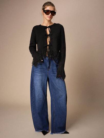 Maija Women's Black Tie-Up Cardigan With Fringe Design On Cuffs And Hem