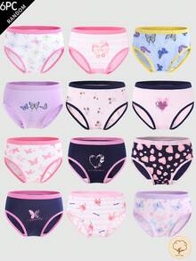 Tween Girls Brief Panties - Surprise Mystery Box 6 Out Of 12 Selection Combination - Spring Summer Sweet Cute Butterfly Heart Pattern Elements Purple Pink Color System Pure Cotton Base Layer Panties - Tween Girls Panties 6-Pack Combination Girls Panties Set - Multicolor - View 7