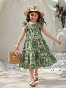 SHEIN 女孩休闲度假印花连衣裙 - 綠色 - 查看 3