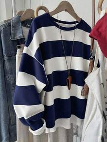 SHEIN 韩版时尚百搭彩色条纹图案卫衣，适合外套、摄影、露营、秋季、冬季、返校季穿着，大码女款常规圆领 - 彩色 - 查看 1