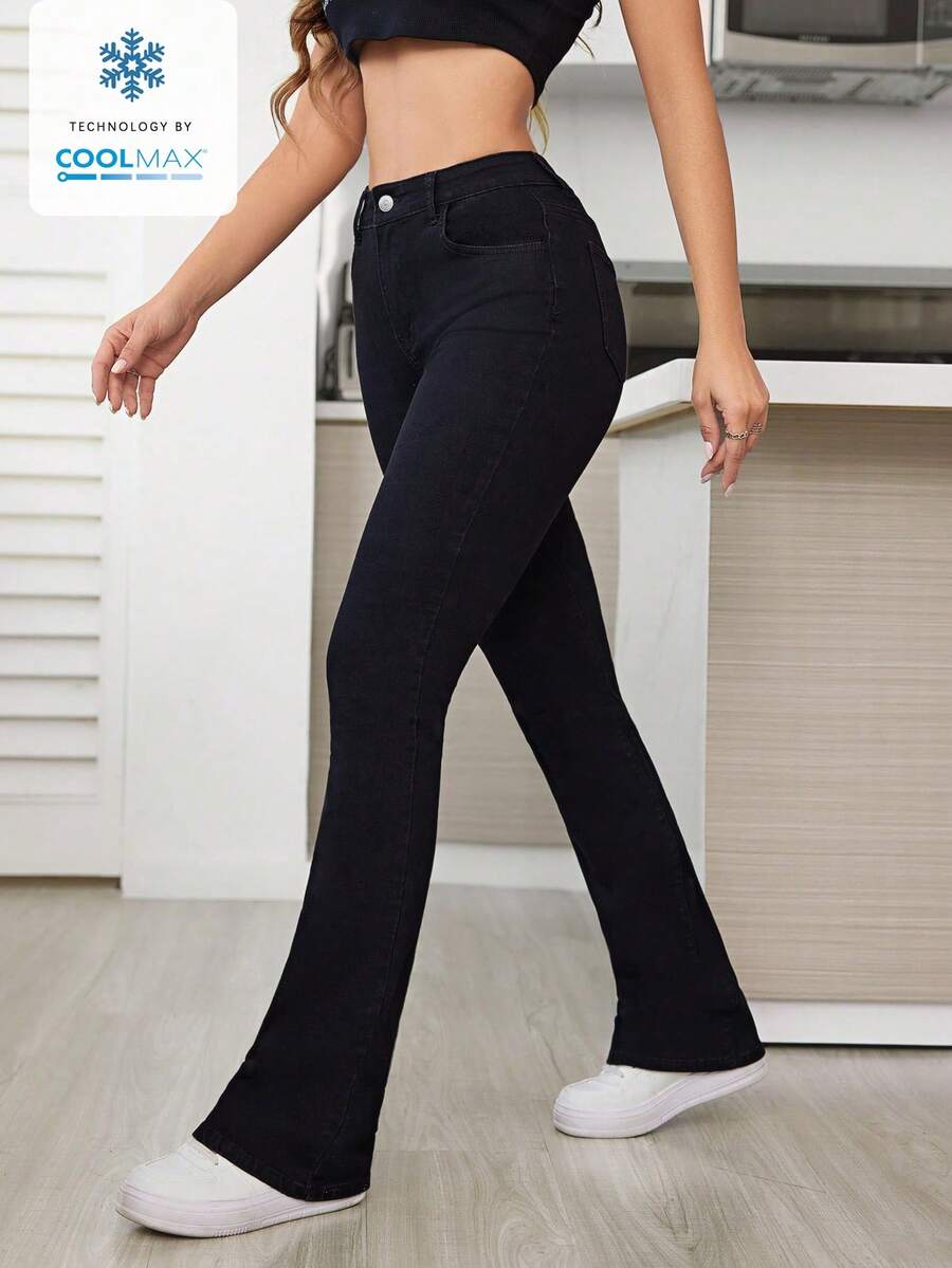 SHEIN Tall Mid-Rise Skinny Flare Leg Jeans, Casual & Versatile - Black - View 1