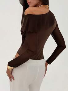 Aloruh Women's Mesh Coffee Color New Oblique Shoulder Ruched Bodysuit With Long Sleeves, Autumn/Winter, Beach Outfits For Women,Summer Holiday Outfits,Vacation Outfits Women - Coffee Brown - View 6