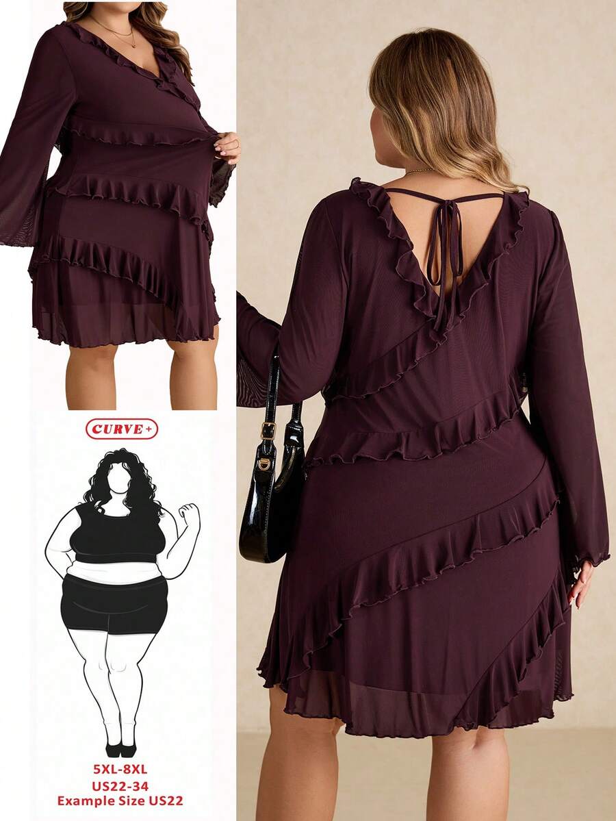 SHEIN CURVE+ 大码长袖连衣裙，浪漫荷叶边下摆，适合约会、旅行、女士节日派对、优雅场合、生日装扮、网纱性感连衣裙、生日礼服、圣诞派对 - 中紫紅色 - 查看 1