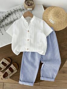 LMoss Kids Bộ 2 áo sơ mi dệt trơn màu thường ngày và quần sọc cho bé trai - Màu xanh lam - Xem 4