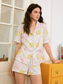 Chillnights Bộ đồ ngủ nữ Young Sun & Moon Pattern phối màu tương phản gồm áo khoác cardigan và bộ đồ ngủ. - Nhiều màu - Xem 4