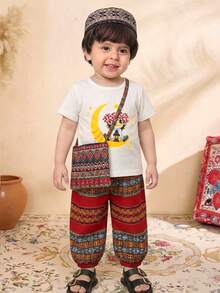 SHEIN Set de 2 piezas de camiseta de manga corta blanca con estampado lindo de niño y pantalones de linterna a rayas retro para bebé niño, patrón floral tradicional casual y versátil, adecuado para primavera/verano, festivales y celebraciones - Burdeos - Ver 9
