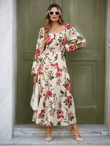 Louniche Robe élégante de mode pour femmes, décontractée et confortable, charmeuse, rétro et romantique. Manches longues, col carré, taille cintrée, dos froncé, imprimé floral, ourlet évasé (imprimé floral aléatoire) - Rouge - Voir 4