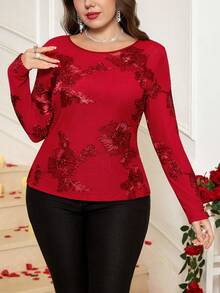 SHEIN Clasi 大码亮面网纱修身女式上衣，四季皆宜，情人节特惠 - 紅色 - 查看 7