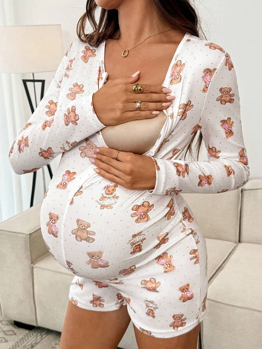 SHEIN Pregnant Women Polka Dot Cartoon Bear Print Long Sleeve Button Front Nursing Romper
