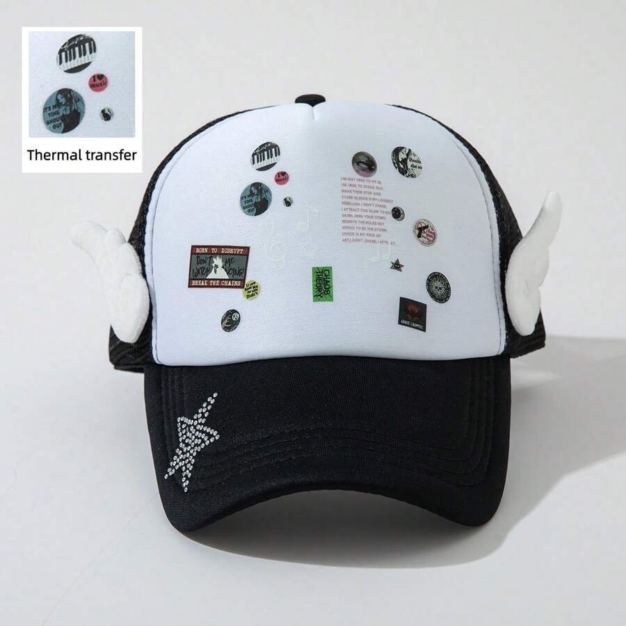 ROMWE Goth 1 Women's Angel Wings Star Hot Diamond Truck Driver Baseball Cap - Black - View 1