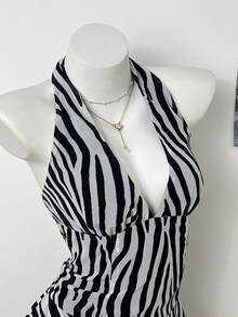 Elamini 女士时尚斑马纹露背吊带连衣裙，夏季