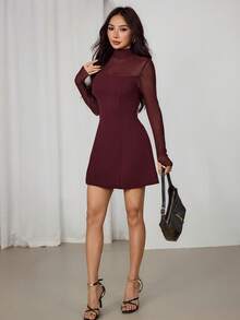 SHEIN PETITE 女士性感网纱拼接拇指孔迷你连衣裙，秋季款 - 酒紅色 - 查看 4