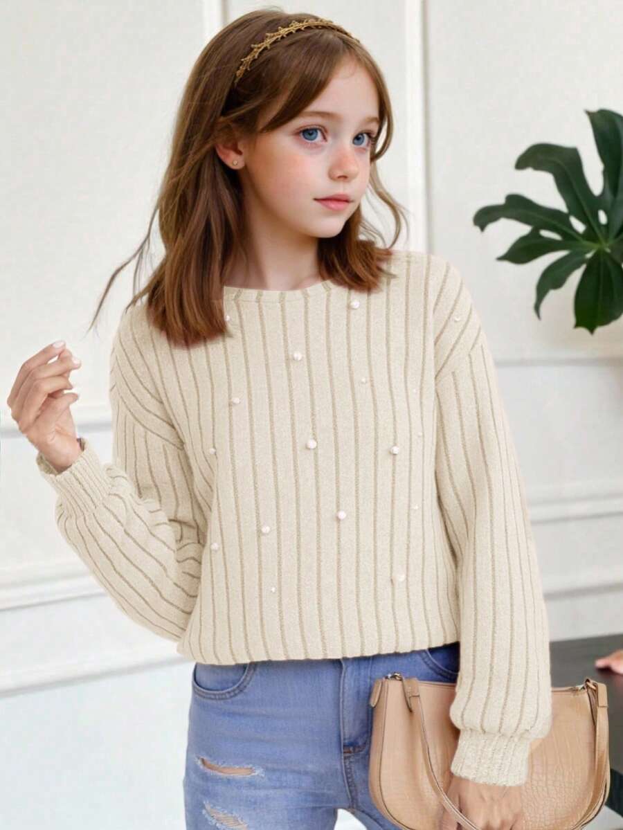 SHEIN 少女针织毛绒罗纹铆钉圆领宽松休闲长袖T恤 - 杏色 - 查看 1