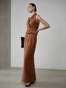 MOTF PREMIUM WOMEN'S PURE LINEN SHAWL NECK FITTED TIE WAIST SLEEVELESS BLAZER VEST, SPRING/SUMMER - Coffee Brown - View 6