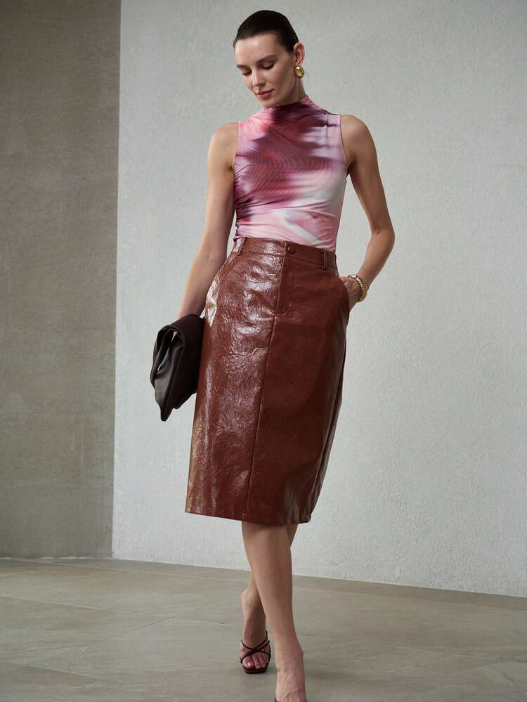 WOMEN'S PU LEATHER SLANT POCKET STRAIGHT SKIRT, SPRING/SUMMER