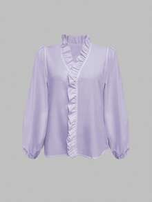 EMERY ROSE 女士宽松V领长袖荷叶边衬衫，休闲度假风，适合庆祝活动、休闲穿搭、教学服、旅行、春夏穿着。 - 淡紫色 - 查看 4