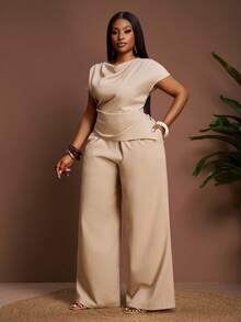 Veslaya 春夏新款优雅度假派对约会晚宴海滩休闲通勤音乐节两件套 - 无袖露脐上衣搭配带口袋的超长阔腿裤，大码裤装夏季套装两件套，女士优雅夏季穿搭 - 杏色 - 查看 7