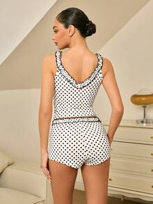 Betty Boop x SHEIN Women's Cartoon Figure Graphic & Polka Dot Print Frill Trim Fitted Top And Shorts Pajama Set, Summer - Black and White - View 2