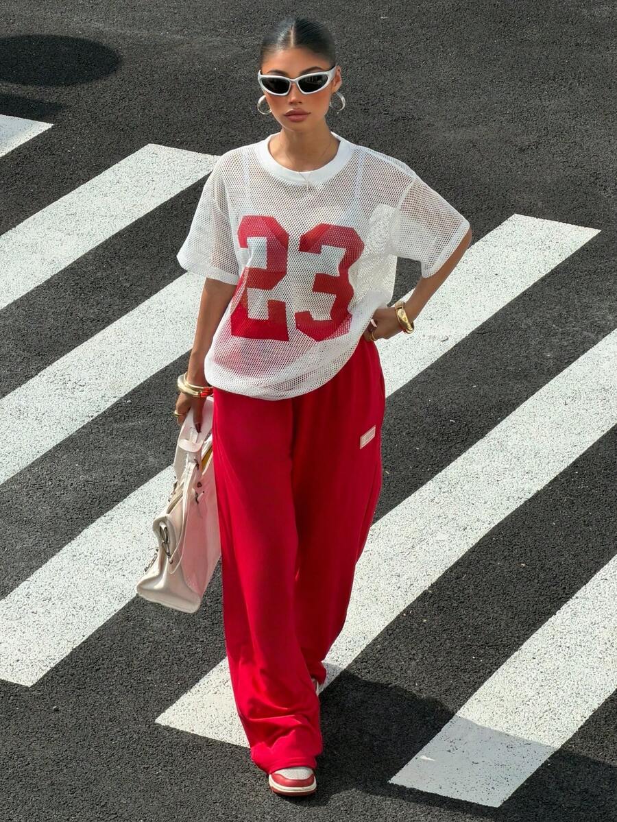 Muchica 女士宽松网眼镂空T恤和裤子套装，春夏款 - 紅白色 - 查看 1