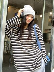 DAZY 女士宽松休闲条纹拼接长袖长款T恤，适合春秋季穿着 - 黑與白 - 查看 7